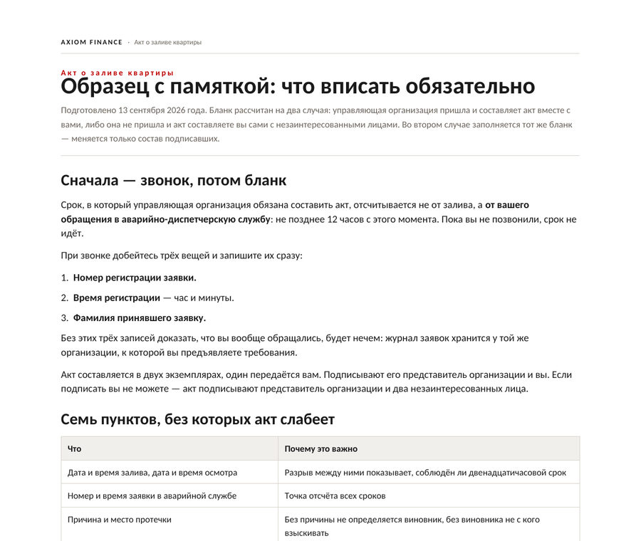 Акт о заливе квартиры — образец бланка